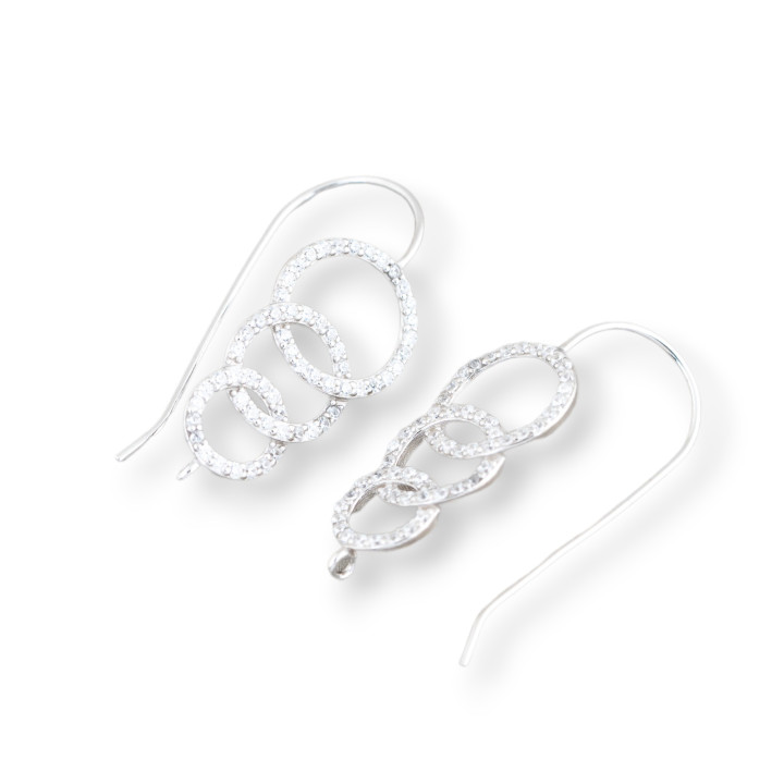 Base For Earrings Of 925 Silver With Zircons Monachella 3 Hoops 11x33mm 2 Pairs Rhodium Plated