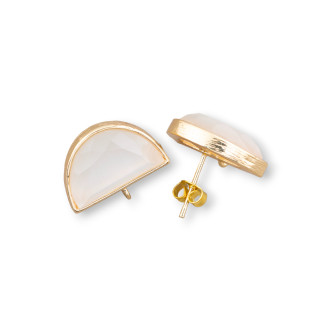 Brass Stud Earring Base with Cat's Eye Crescent 18.5x12mm 4 Pairs White Golden