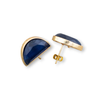 Brass Stud Earring Base with Cat's Eye Crescent 18.5x12mm 4 Pairs Golden Blue Sapphire