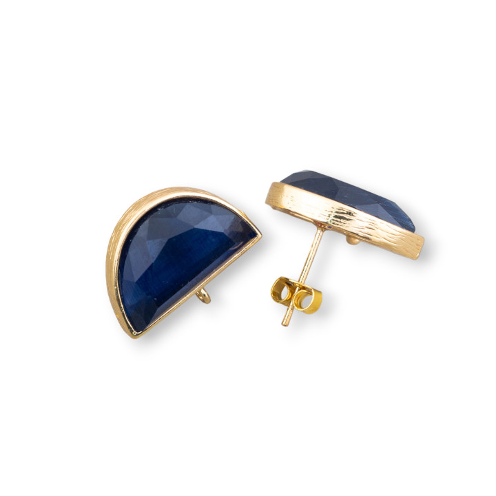 Brass Stud Earring Base with Cat's Eye Crescent 18.5x12mm 4 Pairs Golden Blue Sapphire