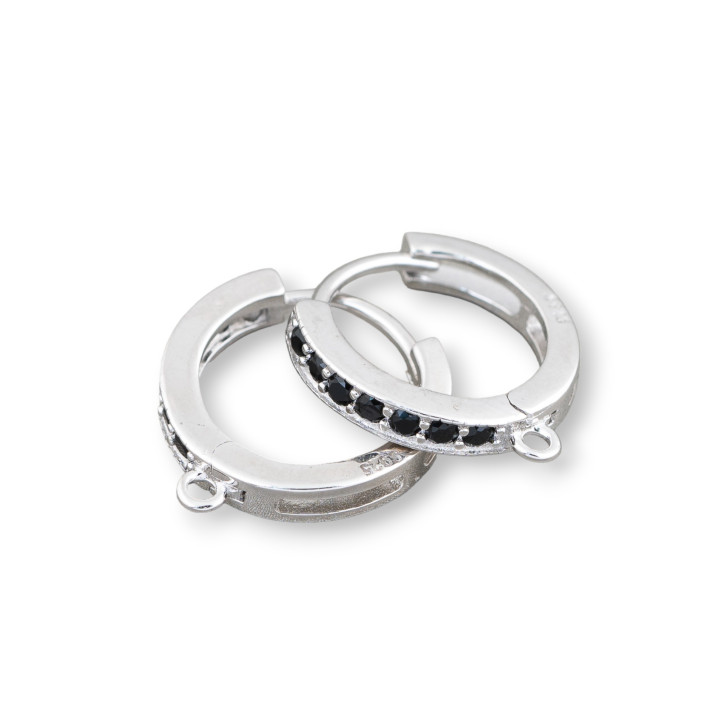 Base Per Orecchini Perno Chiuso Di Argento 925 Con Zirconi Micropave' Cerchietto 15x2mm 3 Paia Rodiato Nero