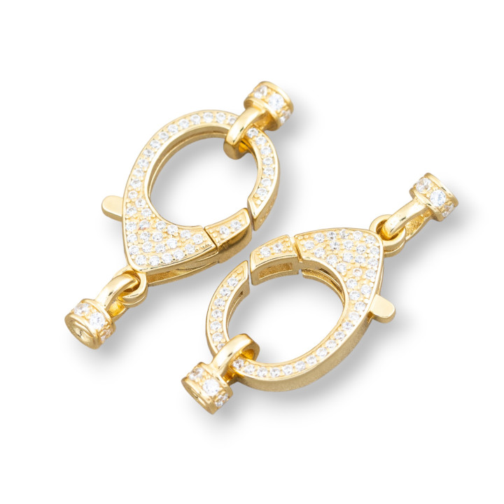 Chiusura Di Argento 925 Con Zirconi Micropave Multifilo Moschettone 12,5x30mm Con Coppette Da 4mm 1pz Dorato
