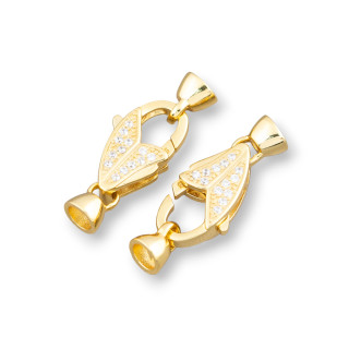 Chiusura Di Argento 925 Con Zirconi Moschettone Con Coppette 10x25mm 2pz Dorato