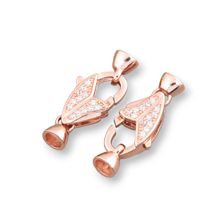 Chiusura Di Argento 925 Con Zirconi Moschettone Con Coppette 10x25mm 2pz Oro Rosa