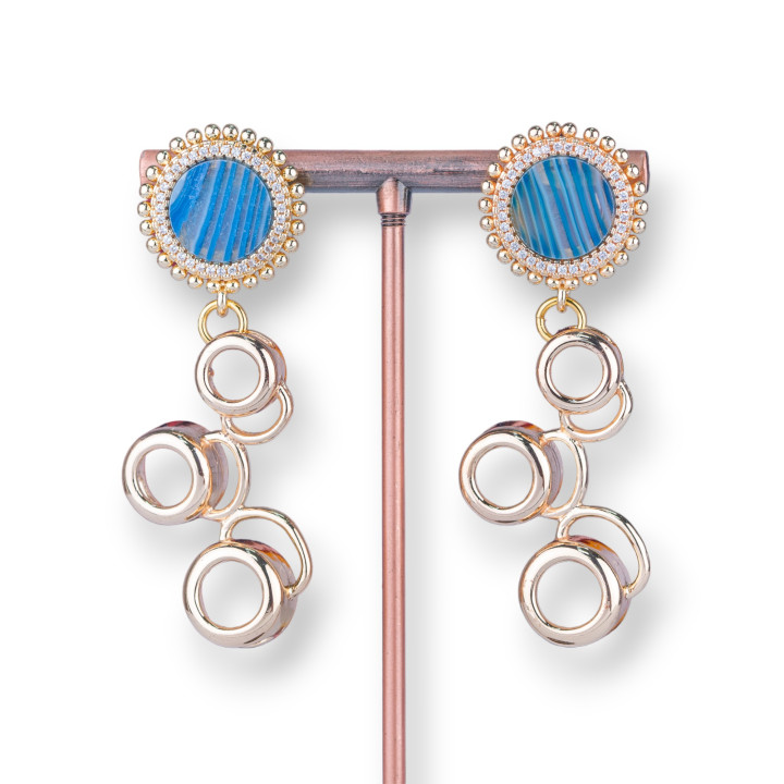 Orecchini A Perno Di Bronzo Con Cabochon Di Pietre Naturali E Cerchi Pendenti 21x62mm Dorato Agata Blu Striata