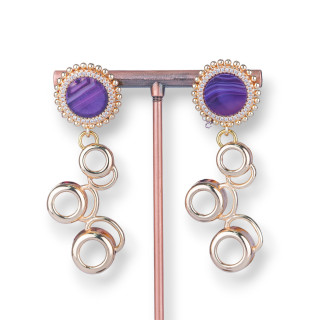 Boucles D'oreilles Tiges En Bronze Avec Pierres Naturelles Cabochons Et Cercles Pendants 21x62mm Or Agate Violette Rayée