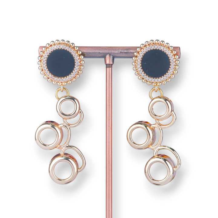 Aretes De Bronce Con Cabujones De Piedra Natural Y Círculos Colgantes 21x62mm Negro Dorado