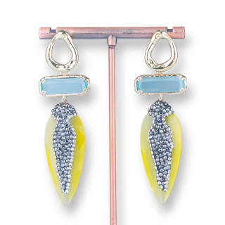 Orecchini A Perno Di Bronzo Con Occhio Di Gatto Rettangolo E Goccia Con Marcasite 22x70mm Acqua Giallo
