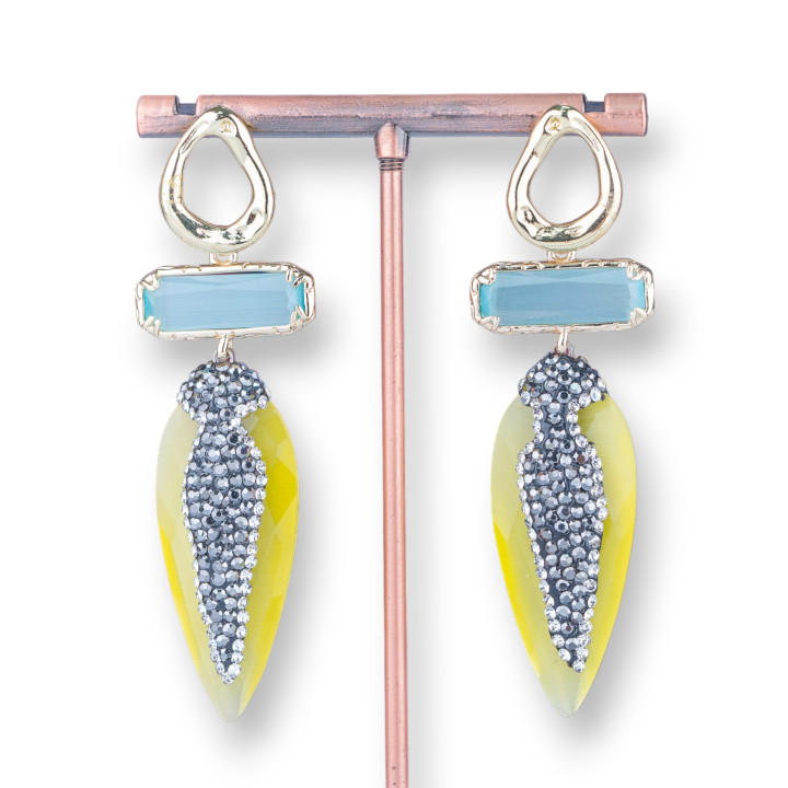 Boucles D'oreilles Tiges Oeil De Chat Bronze Rectangle Et Goutte Avec Marcassite 22x70mm Eau Jaune