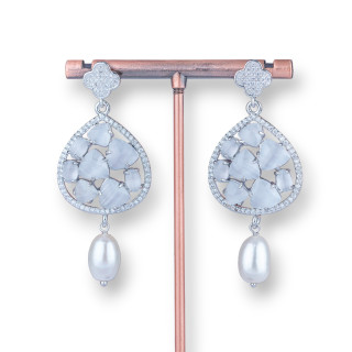 Aretes de bronce con forma de trébol de cuatro hojas, gota de ojo de gato y perlas de río, 25x57 mm, baño de rodio blanco