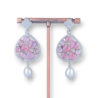 Boucles d'Oreilles Tige Trèfle à Quatre Feuilles en Bronze avec Goutte Oeil de Chat et Perles de Rivière 25x57 mm Rhodié Rose