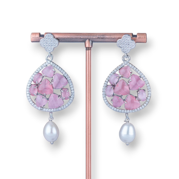 Aretes de bronce de trébol de cuatro hojas con ojo de gato y perlas de río 25x57 mm rodio rosa