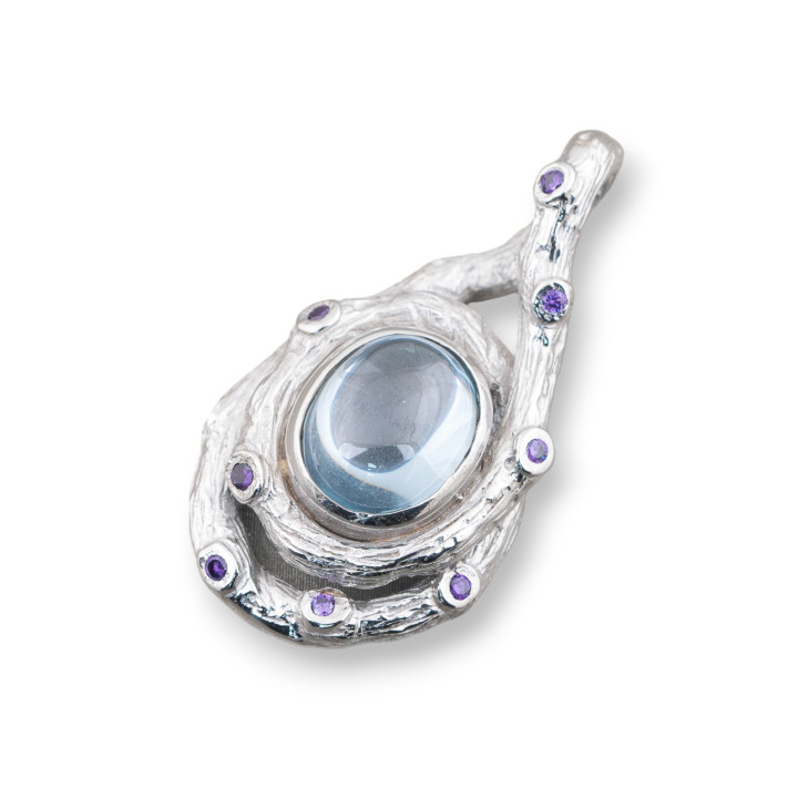 Pendant Of 925 Silver With Zircons And Cabochon Of Hydrothermal Stones 18x34mm Rhodium Plated