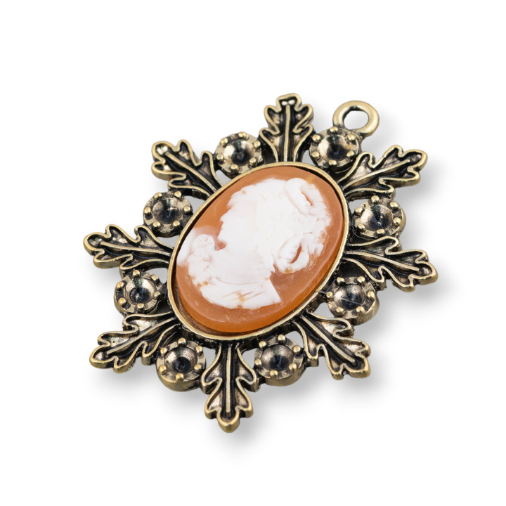 Ciondolo Pendente Di Ottone E Cammeo Di Resina 40x45mm 2pz Brown
