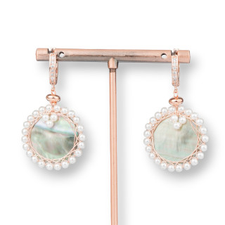 Bronze Closed Stud Earrings With Mother-of-Pearl Elements 26x45mm Rose Gold