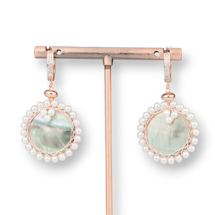 Boucles d'Oreilles Clous Fermées en Bronze avec Éléments en Nacre 26x45mm Or Rose