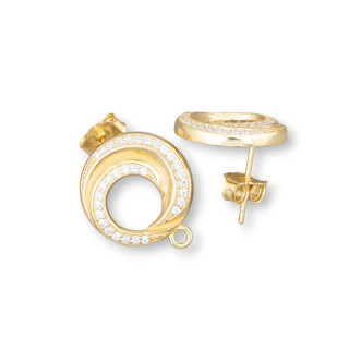 Base Per Orecchini Di Argento 925 A Perno Con Zirconi Tondo Forato 15mm 2 Paia Dorato