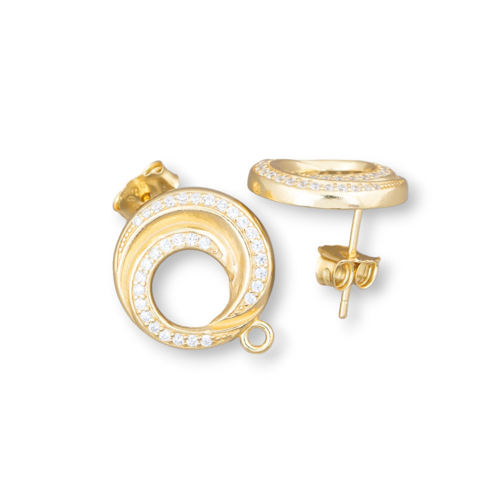 925 Silver Stud Earring Base with Round Drilled Zircons 15mm 2 Pairs Golden