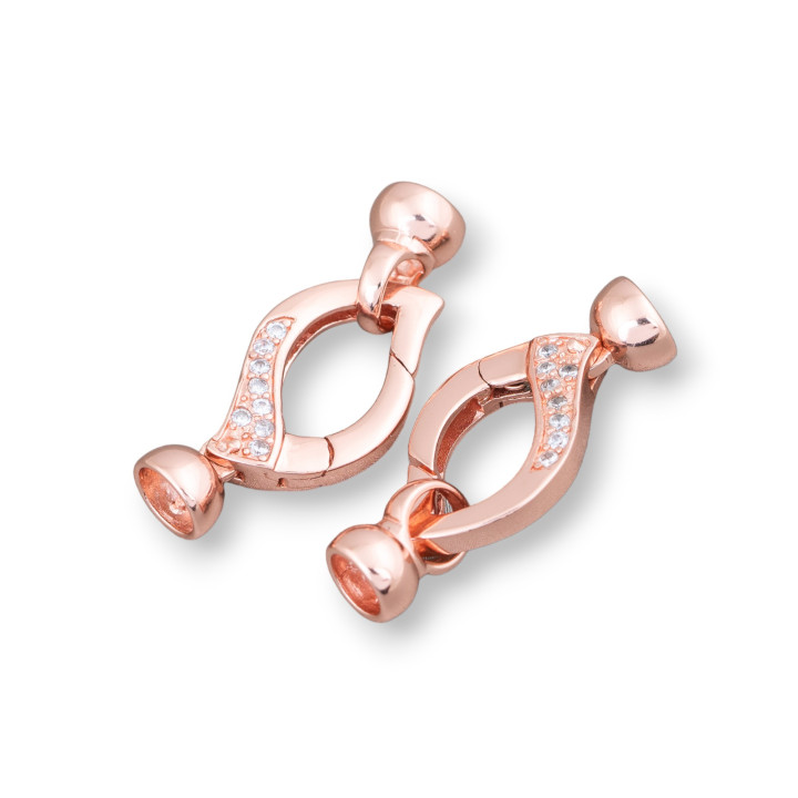 Chiusura Di Argento 925 Con Zirconi A Scatto Romboidale 12x30mm Coppette da 6,5mm 2pz Oro Rosa