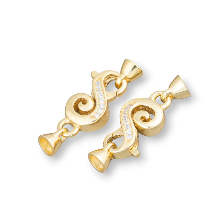 Chiusura Di Argento 925 Con Zirconi Moschettone Fantasia 9x28mm Con Coppette 5mm 2pz Dorato