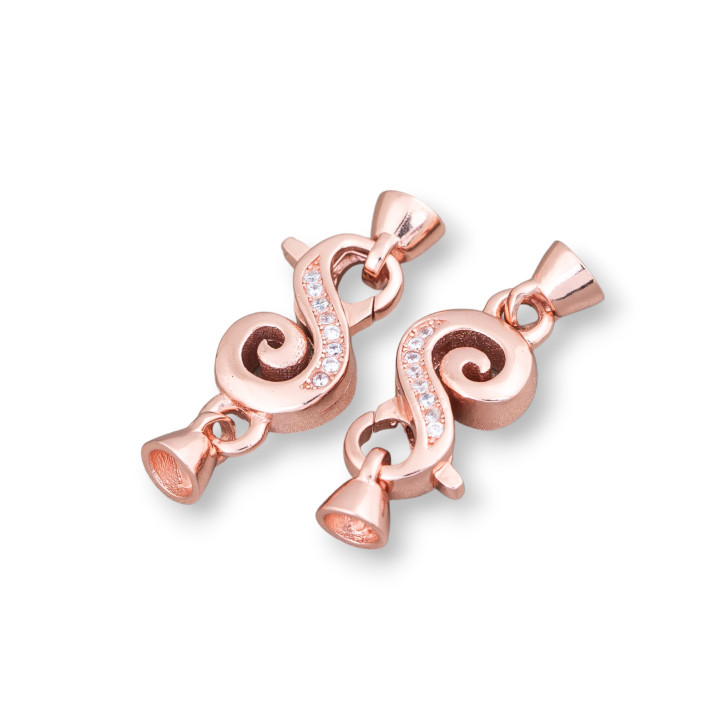 Chiusura Di Argento 925 Con Zirconi Moschettone Fantasia 9x28mm Con Coppette 5mm 2pz Oro Rosa