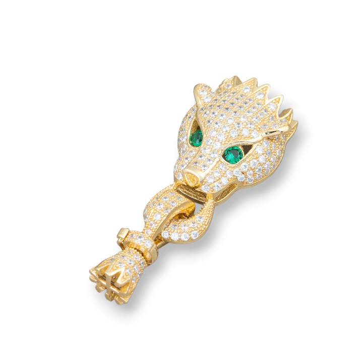 925 Sterling Silber Verschluss mit Zirkonen Pantherkopf mit Haken 14x36mm Tasse 6,5mm 1St Golden