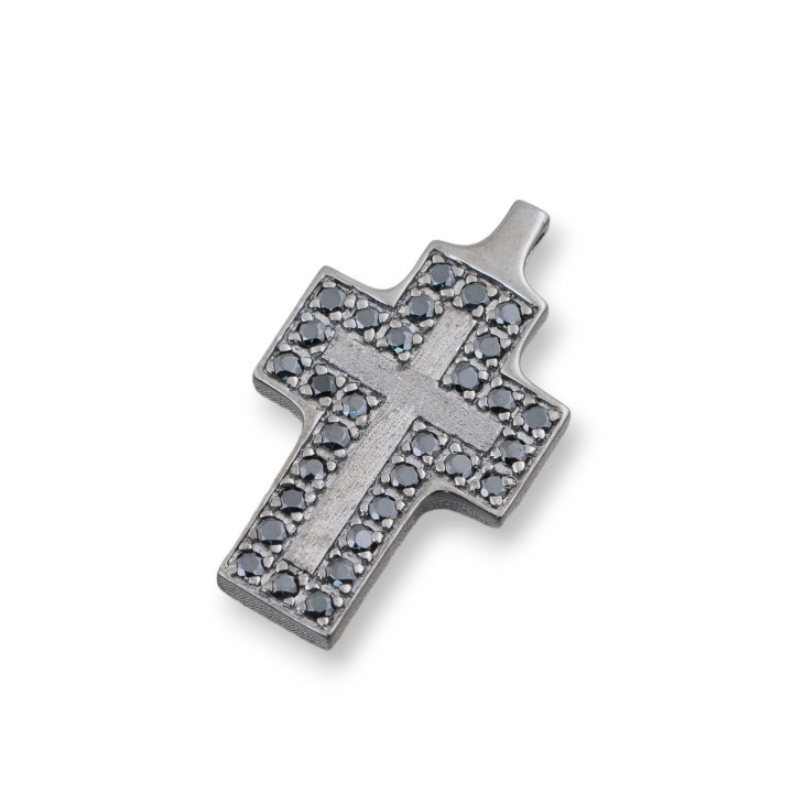 Pendentif Pendentif Argent 925 Satiné Bruni Croix Avec Zircons Noirs 17x29mm