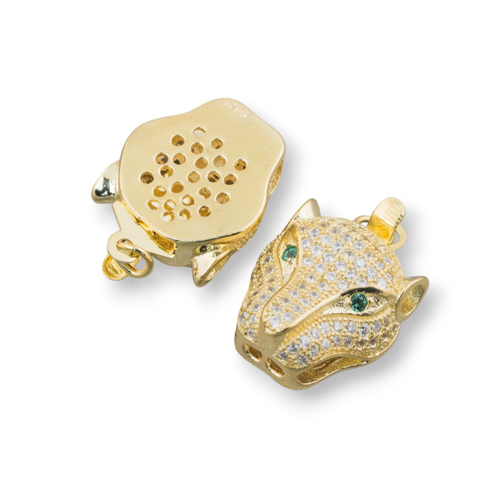 Cierre De Plata 925 Con Circonitas Cabeza De Pantera 13x27mm 2pcs Dorado Con Ojo Verde