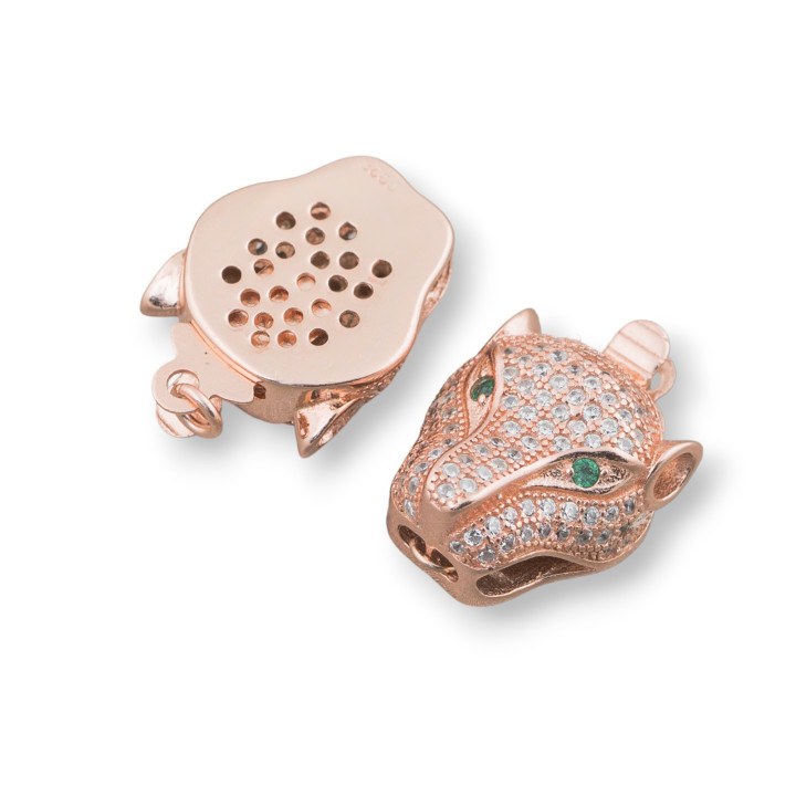 Fermoir en argent 925 avec zircons tête de panthère 13x27mm 2pcs or rose avec oeil vert
