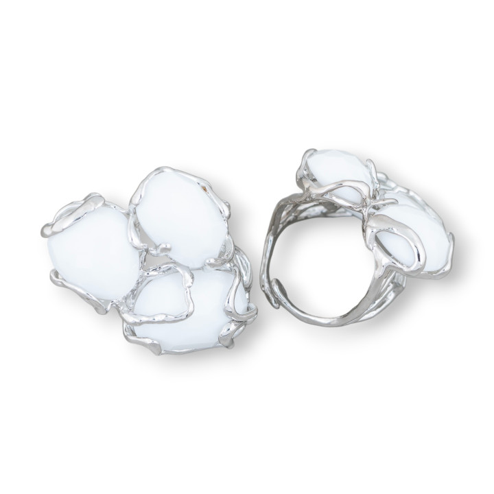 Bague Bronze Oeil de Chat 32x36mm Taille Ajustable Rhodié MOD95 Agate Blanche