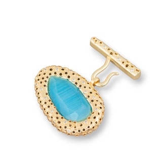 Bronze Multiwire Clasp With Cat's Eye With Light Points 1pc 38x45mm Aqua
