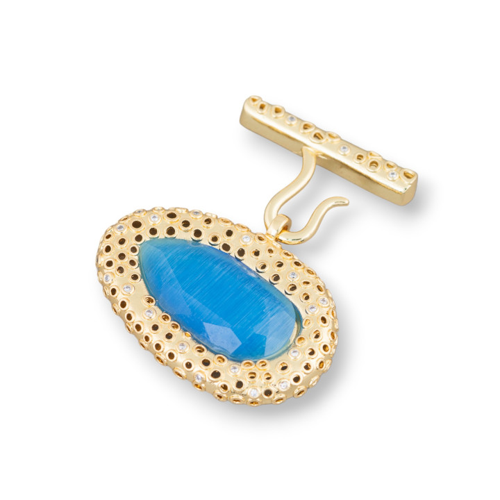 Multiwire Bronze Clasp With Cat's Eye With Light Points 1pc 38x45mm Light Blue