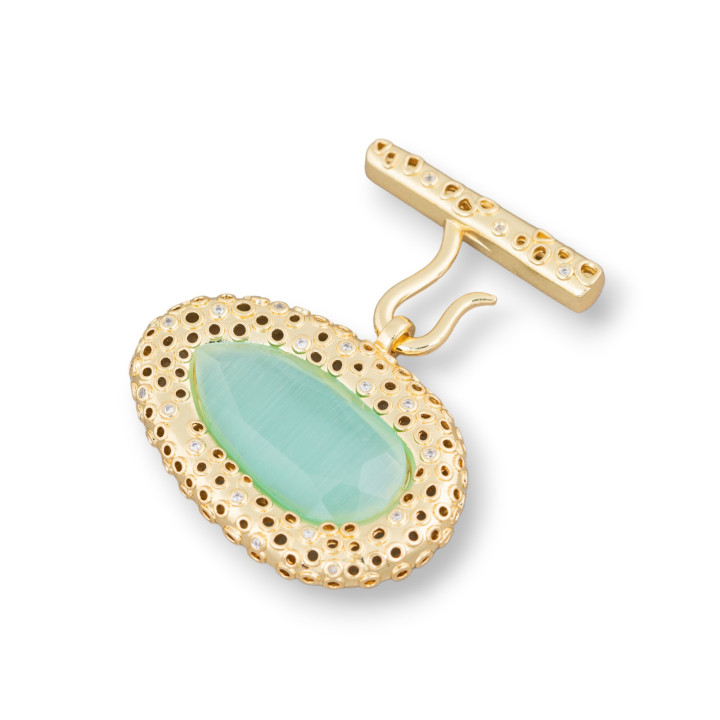 Multiwire Bronze Clasp With Cat's Eye With Light Points 1pc 38x45mm Aqua Green