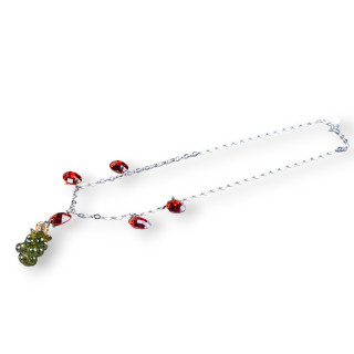 Collana Di Argento 925 Catena Rodiata Con Zirconi Rossi 42cm E Pendente Grappolo Zirconi Verde Oliva 2,5cm