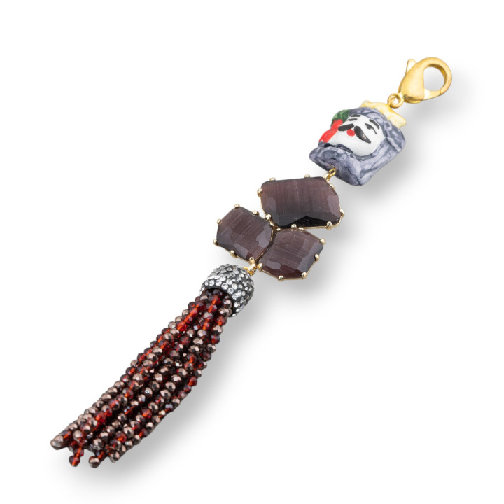 Pendentif Central En Céramique De Caltagirone Et Bronze Avec Oeil De Chat Et Cristal 32x170mm Doré MOD3