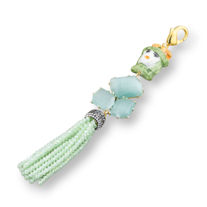 Zentraler Anhänger aus Caltagirone-Keramik und Bronze mit Katzenauge und Kristall 32x170mm Golden MOD4