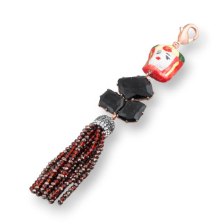 Zentraler Anhänger aus Caltagirone-Keramik und Bronze mit Katzenauge und Kristall 32 x 170 mm Roségold MOD2