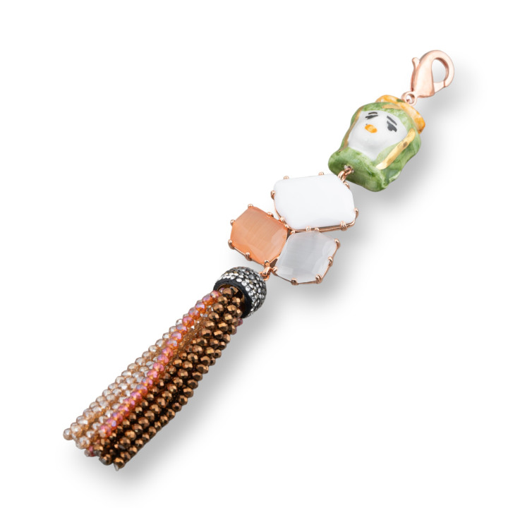 Zentraler Anhänger aus Caltagirone-Keramik und Bronze mit Katzenauge und Kristall 32x170mm Roségold MOD3