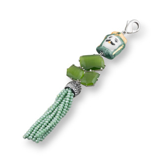 Pendentif Central En Céramique De Caltagirone Et Bronze Avec Oeil De Chat Et Cristal 32x170mm Rhodié MOD1