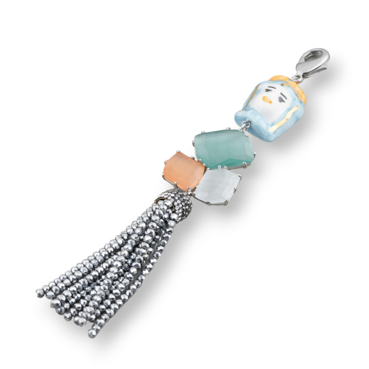 Central Pendant Of Caltagirone Ceramic And Bronze With Cat's Eye And Crystal 32x170mm Rhodium Plated MOD2