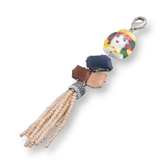 Pendentif Central En Céramique De Caltagirone Et Bronze Avec Oeil De Chat Et Cristal 32x170mm Rhodié MOD3