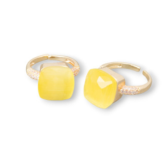 Bague Bronze Oeil De Chat Coussin 13mm Avec Zircons Jaunes Sertis