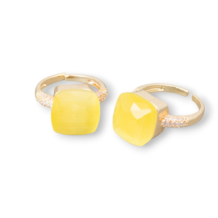 Bague Bronze Oeil De Chat Coussin 13mm Avec Zircons Jaunes Sertis