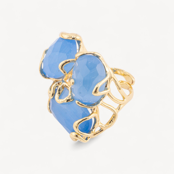 Anello Regolabile in Bronzo Dorato Collezione AURORA con Occhio Di Gatto Azzurro | Gioiello Artigianale Donna 32x36mm