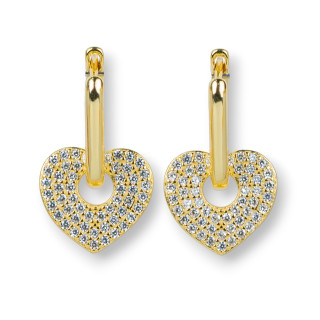Orecchini Perno Chiuso Di Argento 925 Con Zirconi Micropave' Con Cuore 12x20mm 1 Coppia Dorato Bianco