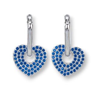 Orecchini Perno Chiuso Di Argento 925 Con Zirconi Micropave' Con Cuore 12x20mm 1 Coppia Rodiato Blu