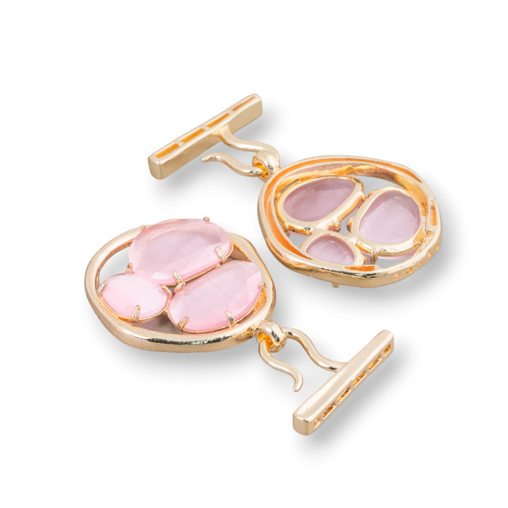 Bronze Multistrand Clasp With Cat's Eye Flower With 3 Stones 44x60mm 1Pcs Pink
