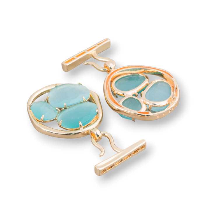 Fermoir multi-rangs bronze fleur oeil de chat avec 3 pierres 44x60mm 1pc vert d'eau