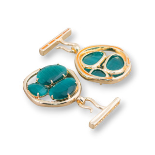 Bronze Multistrand Clasp With Cat's Eye Flower With 3 Stones 44x60mm 1Pc Emerald Green