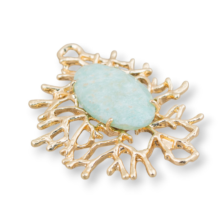 Coral Branches Style Bronze Component Connector with Cabochon Set 40x53mm 2pcs Amazonite